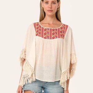 LOVESTITCH EMBROIDERED AND TASSLE TRIM PONCHO TOP